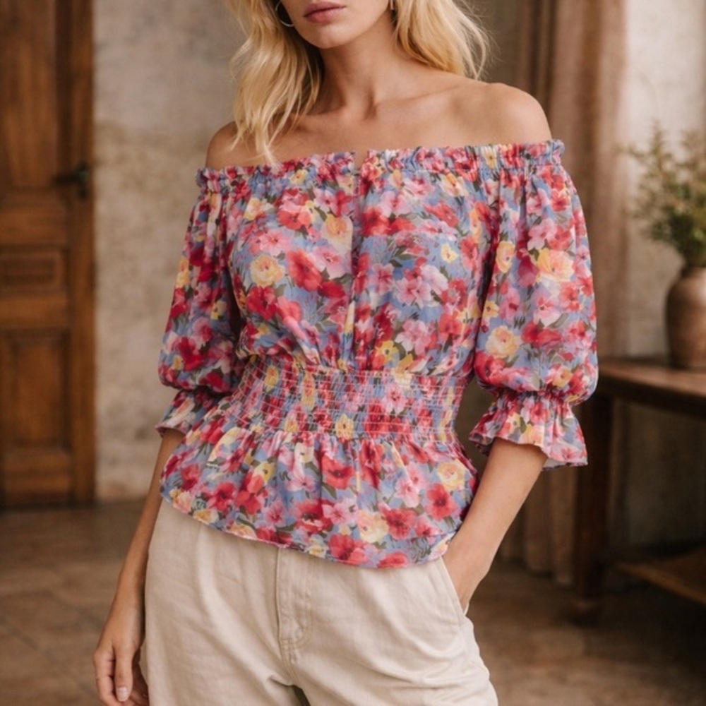 L'AGENCE Aubriella floral off shoulder keyhole neck top